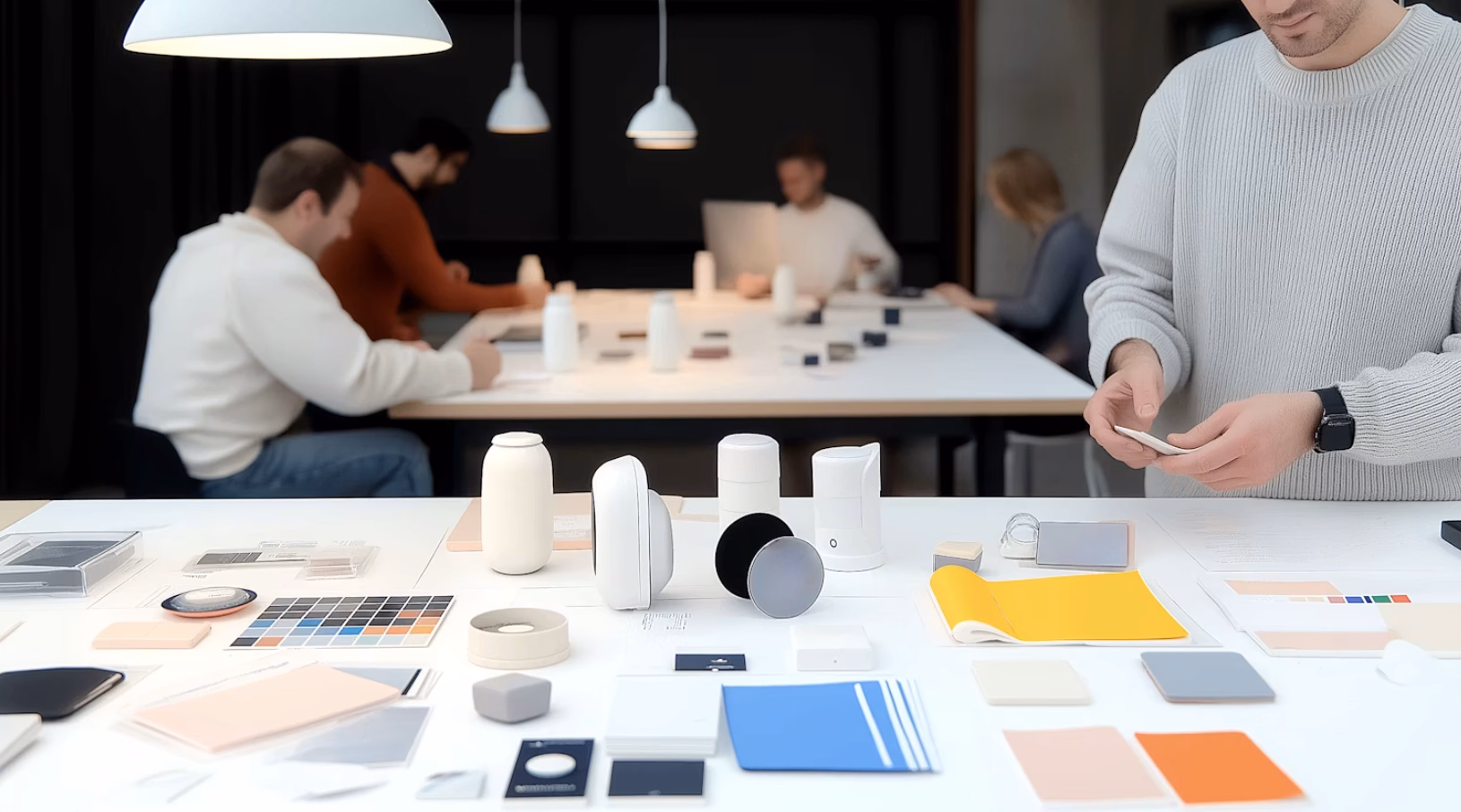 Product design team working at a studio table