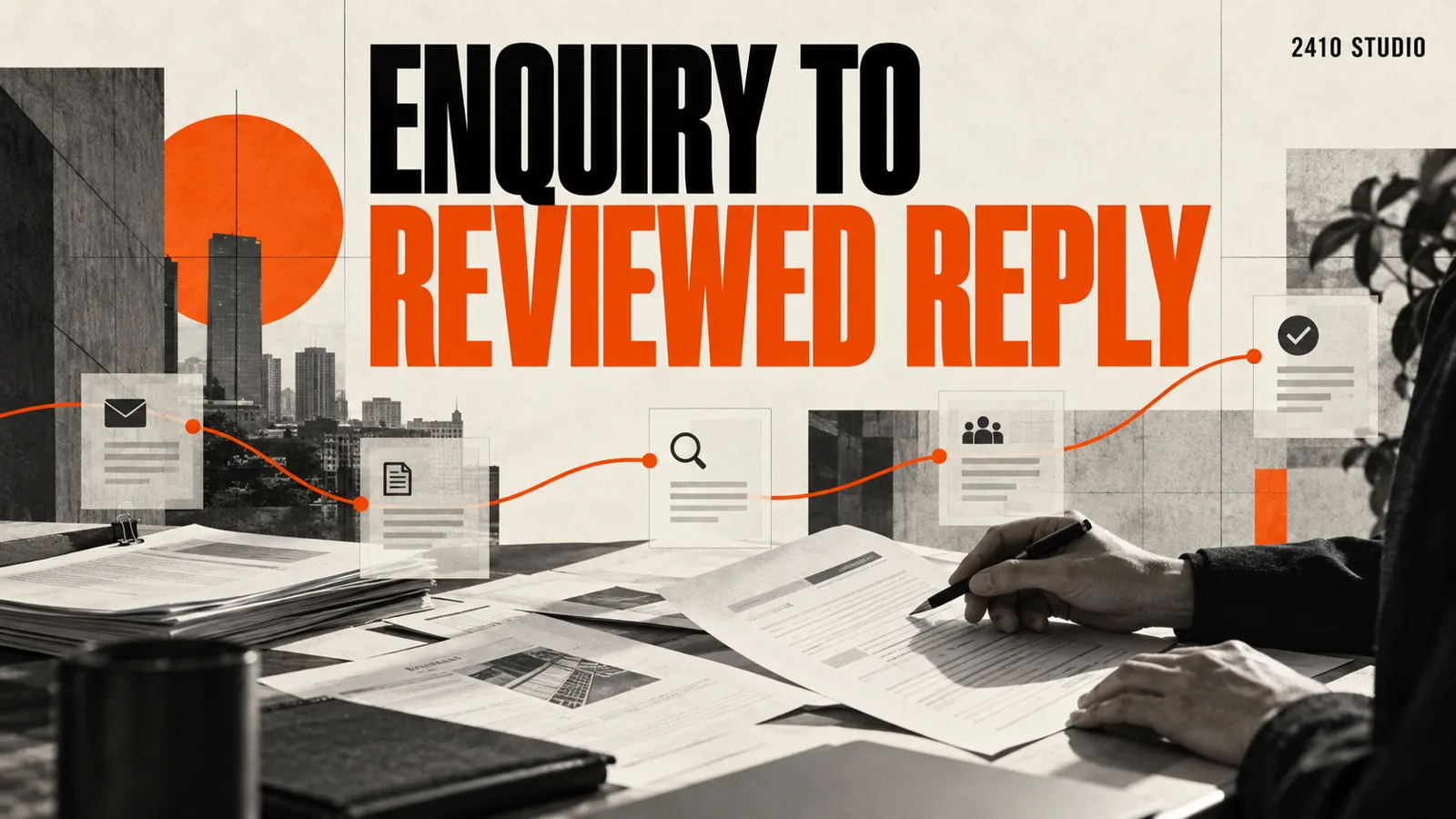 Monochrome enquiry documents and a reviewed reply connected by an orange workflow route.