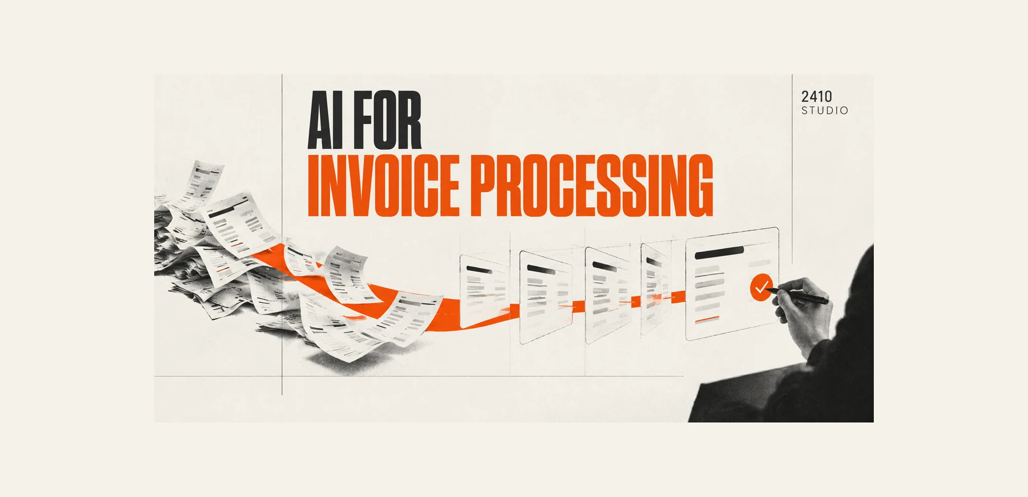 AI for invoice processing: supplier documents follow an orange route into organised records and human approval.