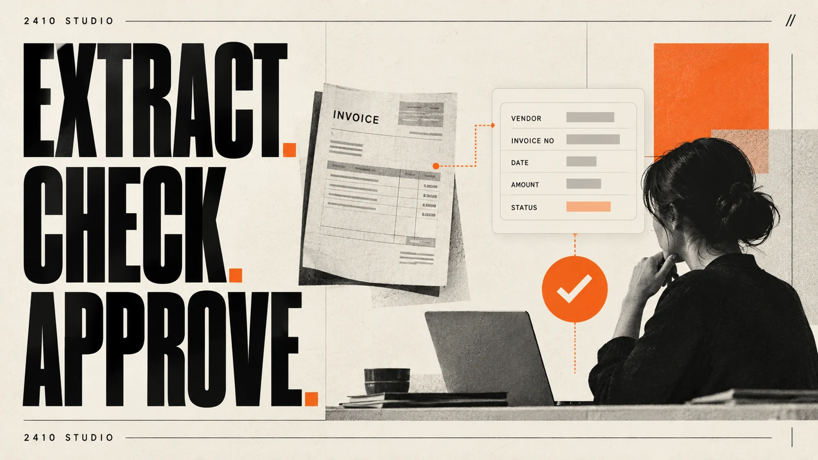 An invoice becomes a structured record, with a team member checking it before approval.