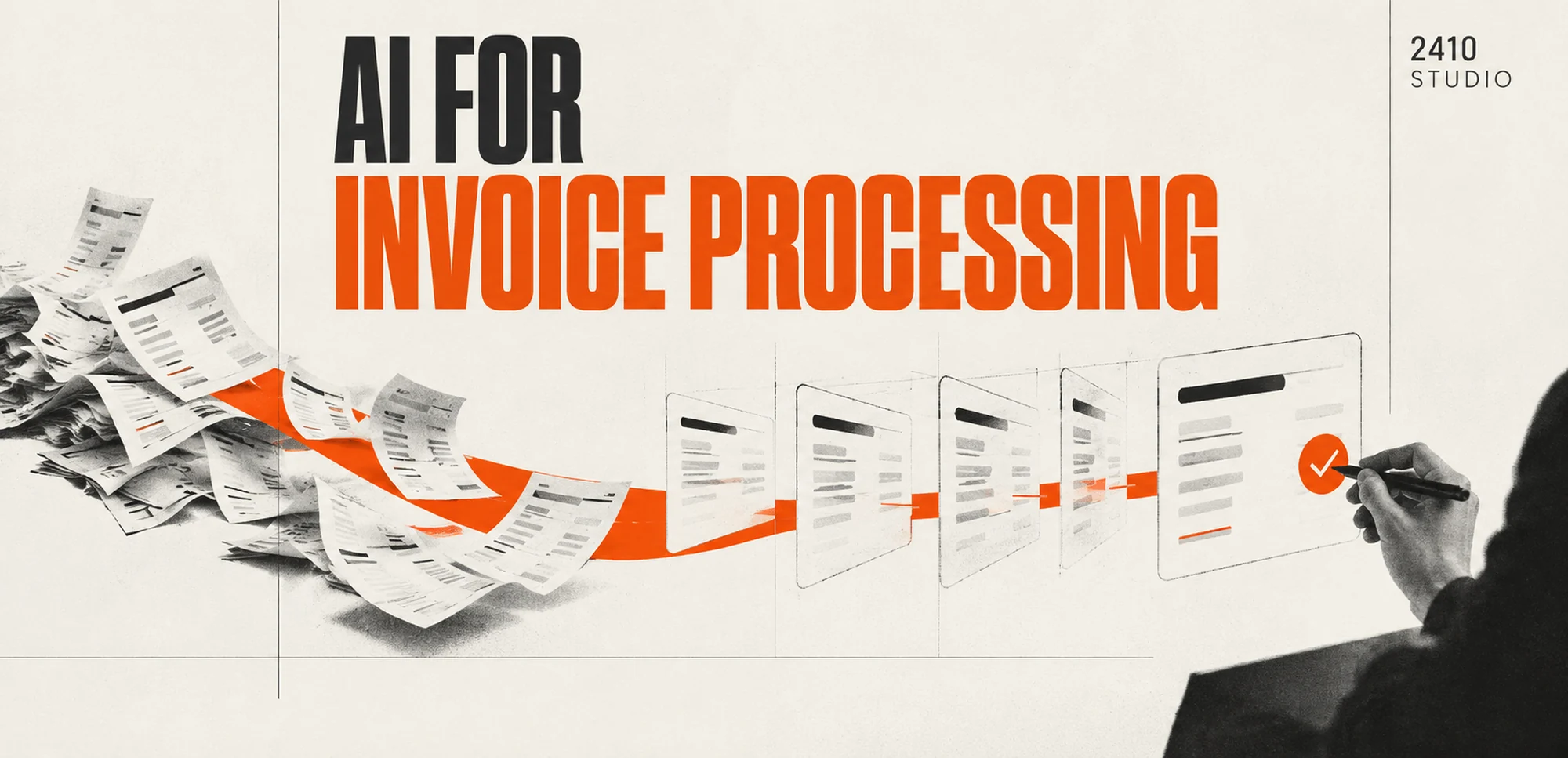 A photographic collage of invoices, extracted records and a hand approving the final document.