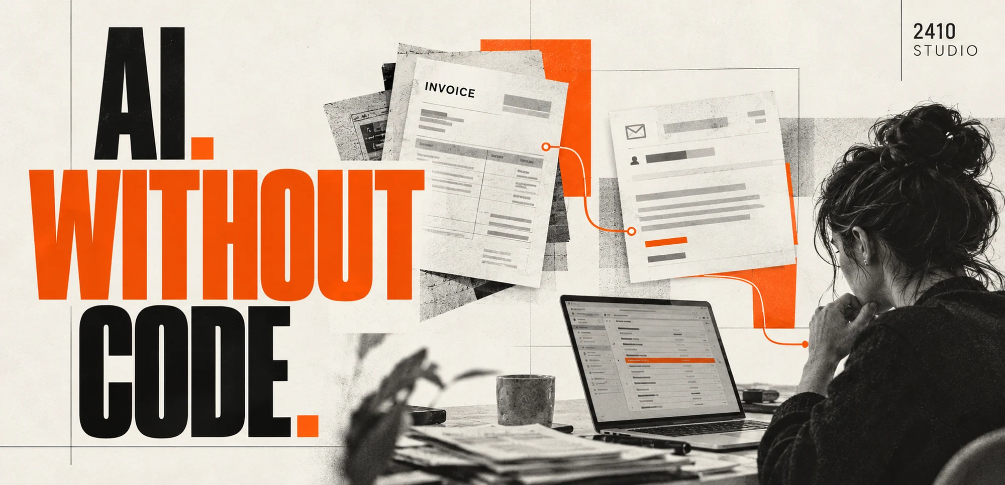 A business owner at a laptop, with email and document imagery linked by an orange route.